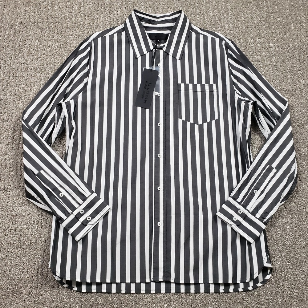 Nili Lotan Shirt Mens Medium Black White Striped Collared Button up Kent Shirt